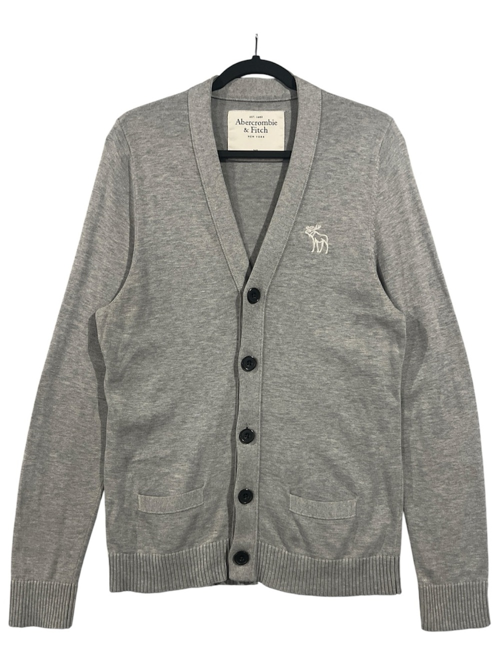 Abercrombie & Fitch Cardigan Sweater Mens XL Gray V-Neck Button Front Moose Logo